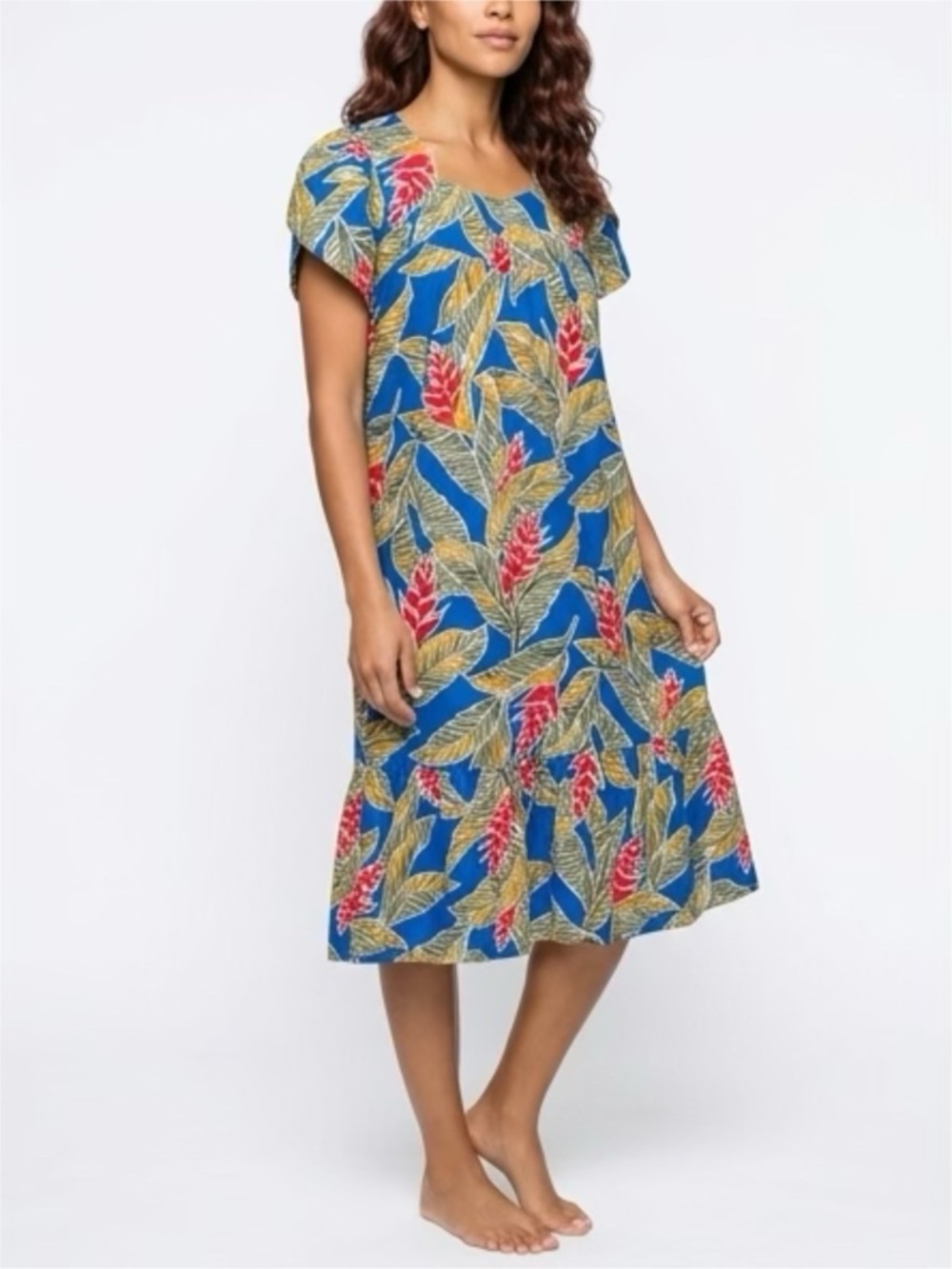 Blue Tropical Leaf Hawaiian Midi Dress with Red Floral Accents